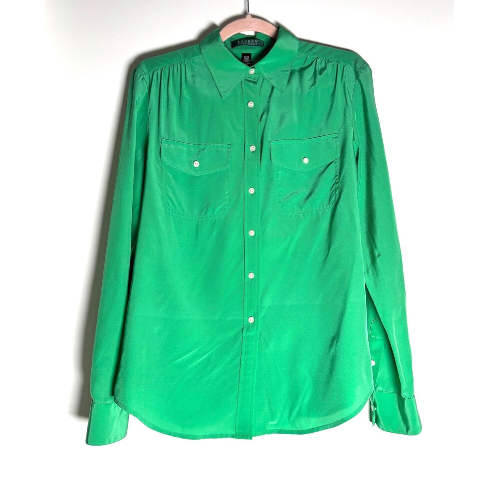 Vintage Lauren Ralph Lauren Green Silk Shirt | 90s Designer Emerald Button Down